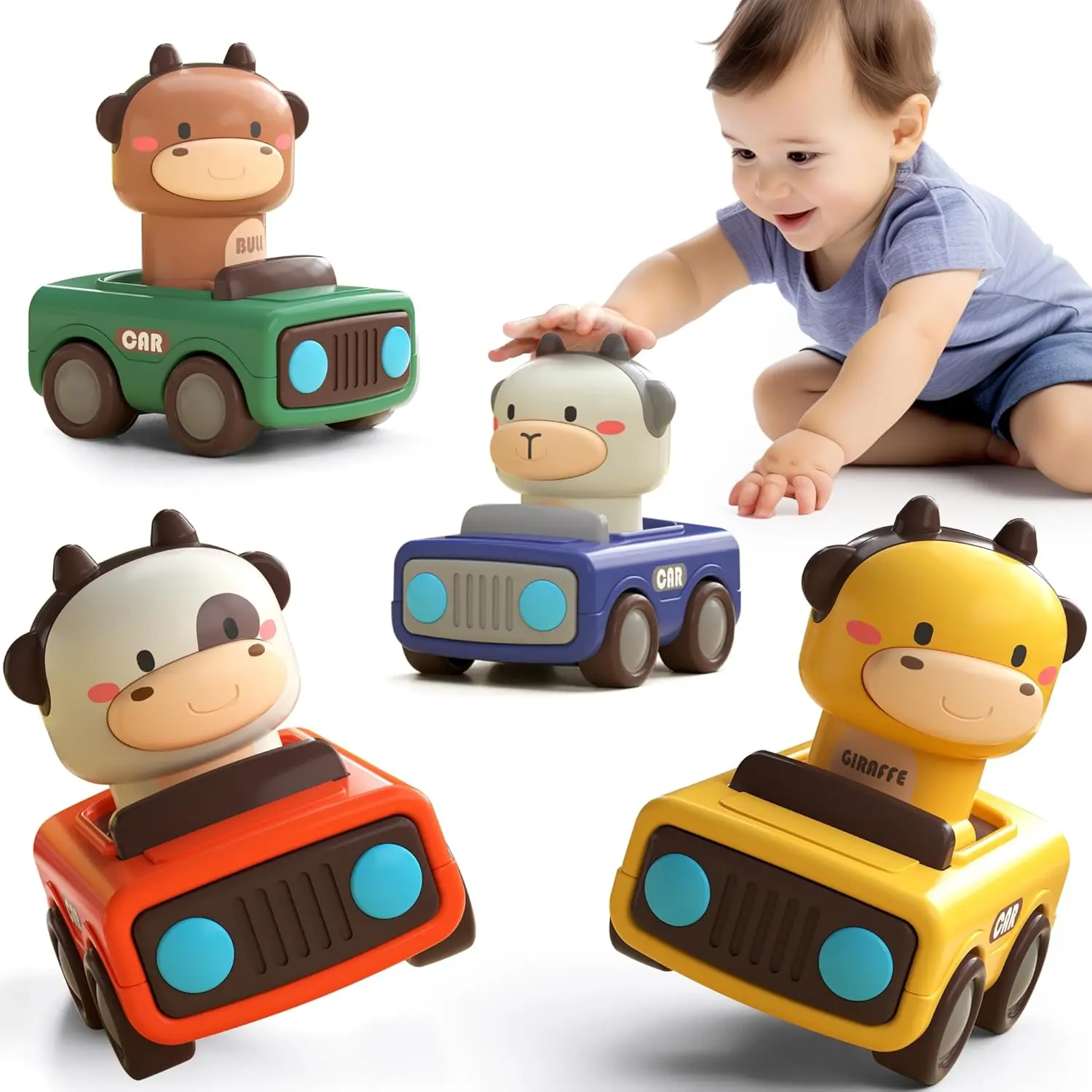 iPlay, iLearn Friction Push Animal Racing Car Toy Set - BPA-Free Press-to-Go Animal Vehicles, Travel-Friendly 1st Birthday Gifts for Toddlers 1-3 Years & Infants 6,9,12-18 Months Boys