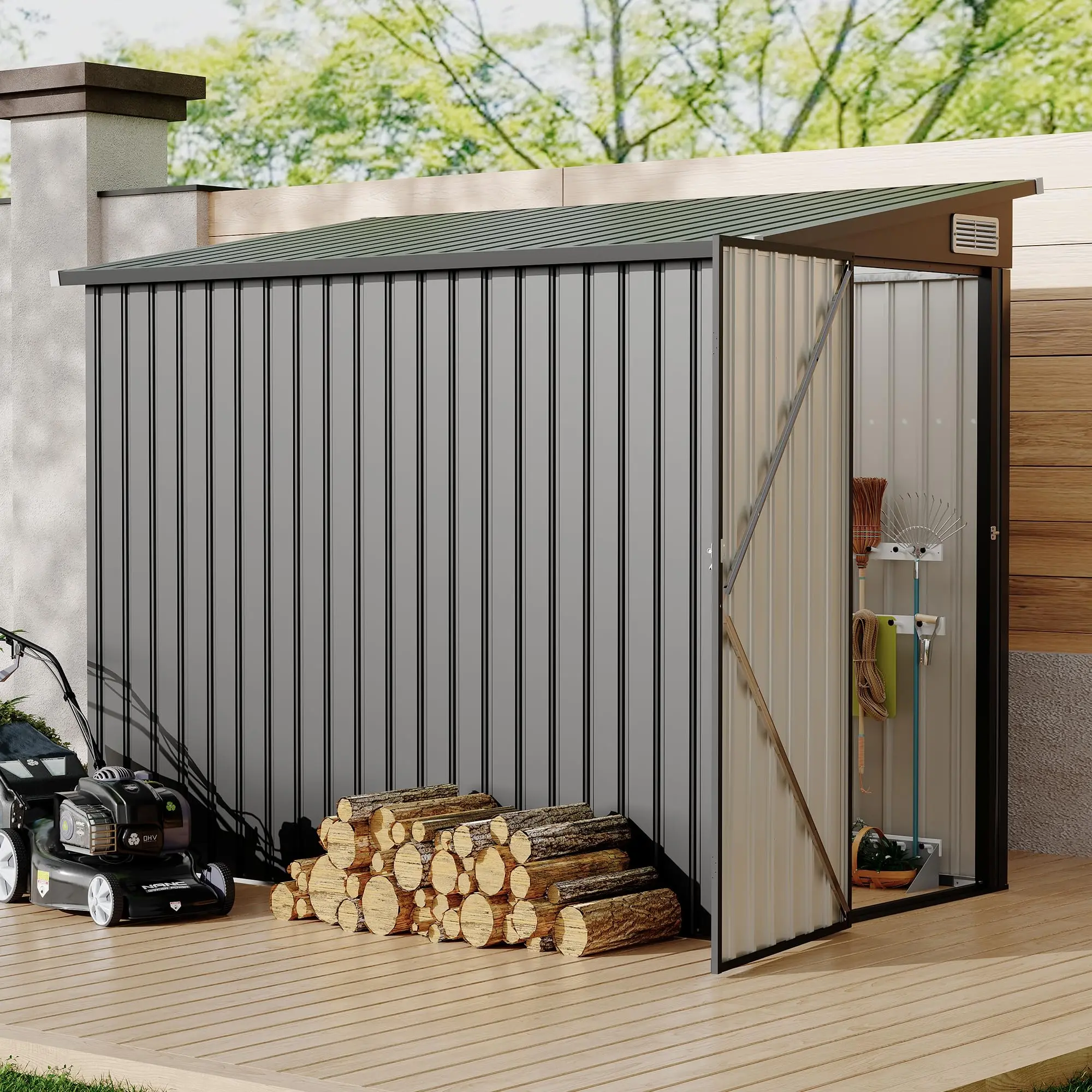 4x8 FT Metal Outdoor Lean to Storage Shed, Lean to Garden Shed Utility Tool Shed, Heavy-Duty Outdoor Metal Wall Side Storage Sheds Rainproof Sunproof Roof