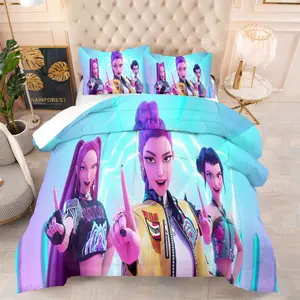 Cyberpunk-Inspired 3-Character Comforter Set with Neon Blue Accents, Purple Pink Dark Hair Styles, Yellow Floral Patches Design - Warm Skin-Friendly for Teens Adults, Perfect for Futuristic Bedroom Decor Bedding Set