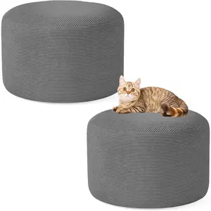 2PCS 20*20*12inch Grey Unstuffed Unfillable Round Corduroy Ottoman Pouf Cover Foot Stool Cover with Storage for Living Room Bedroom Home Decor