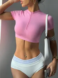 Women’s Zip Front Yoga Crop Top - Short Sleeve Slim Fit Workout Gym Tank Women, slim fit gym shirt women, activewear crop top women, sporty fitness shirt women, gym tank top women