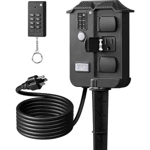 Outdoor Power Stake Timer , 100FT  Remote Control, 6 Grounded Outlets, 6FT Extension Cord, Photocell Dusk to  Timer for Halloween/Christmas Lights, Garden, UL Listed