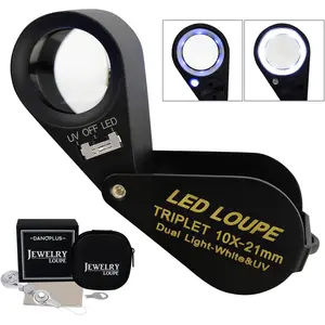 10x Magnifier Jewelry Loupe LED UV 21mm Triplet Lens Optical Glass Pocket Gem Magnifying Tool for Jeweler Stamp Philatelist Coin Numismatic