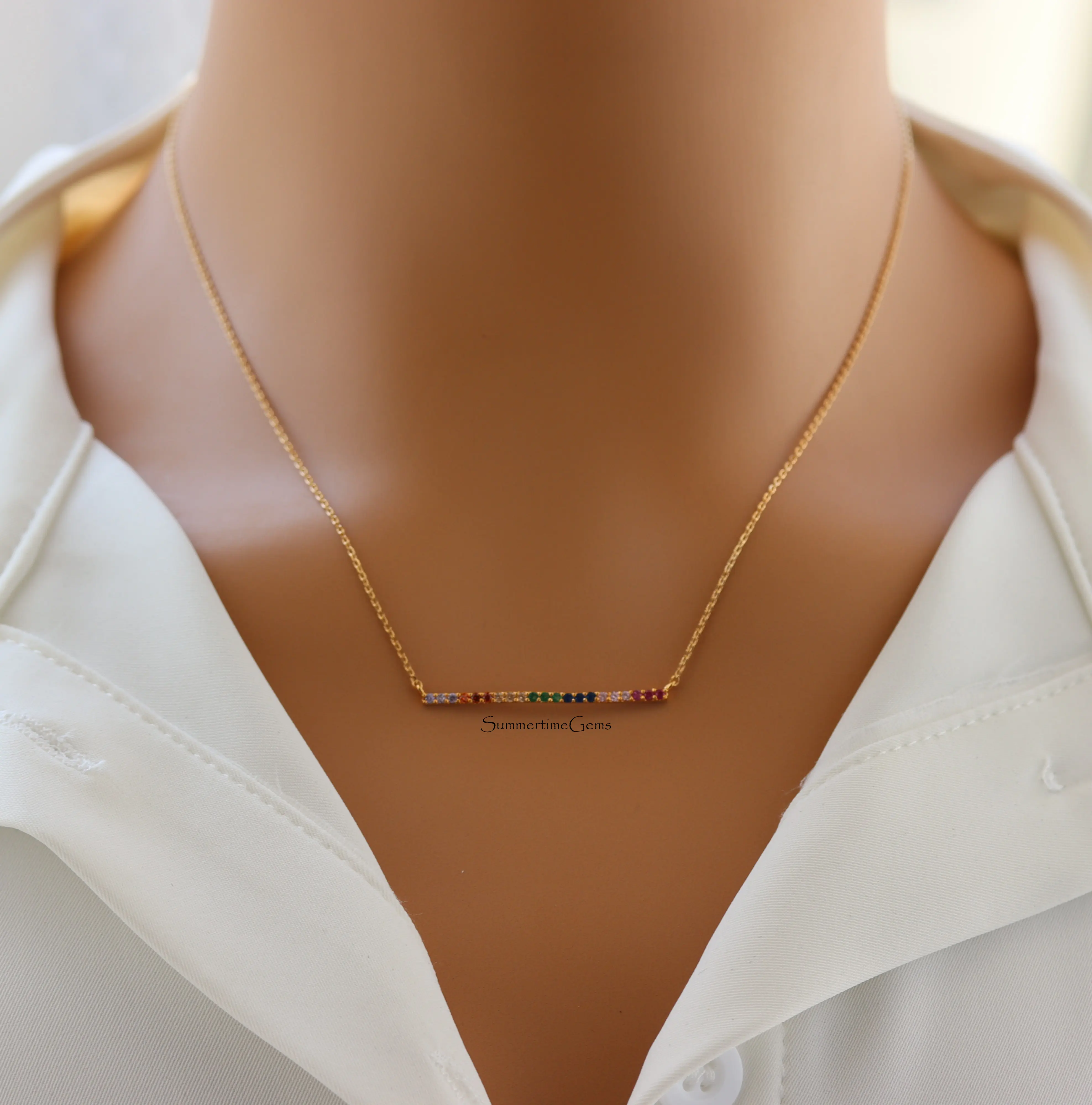 18K Gold Plated Dainty Rainbow Bar Pendant Necklace – Colorful Minimalist Pride Jewelry
