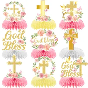 9Pcs Pink Floral God Bless Centerpiece Decorations Set First Communion Honeycomb Centerpiece Double Sided Table Toppers for Baby Girl Baptism Party Decor Christening Celebration Religious Photo Props Decor