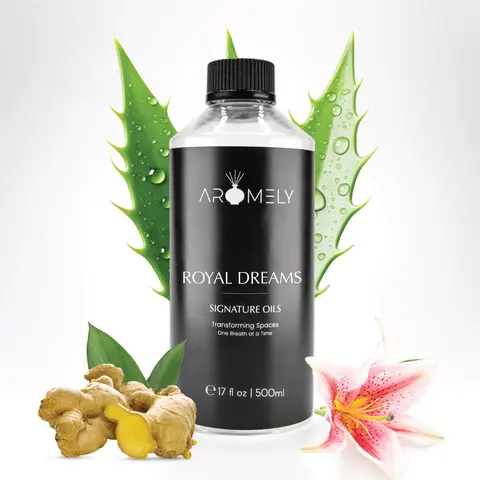 Aromely Royal Dreams Diffuser Oil - Hotel-Inspired Home Fragrance Oil, White Tea Aloe & Ginger with Lily Sandalwood Musk, Refill Bottle for Waterless & Cold Air Diffusers