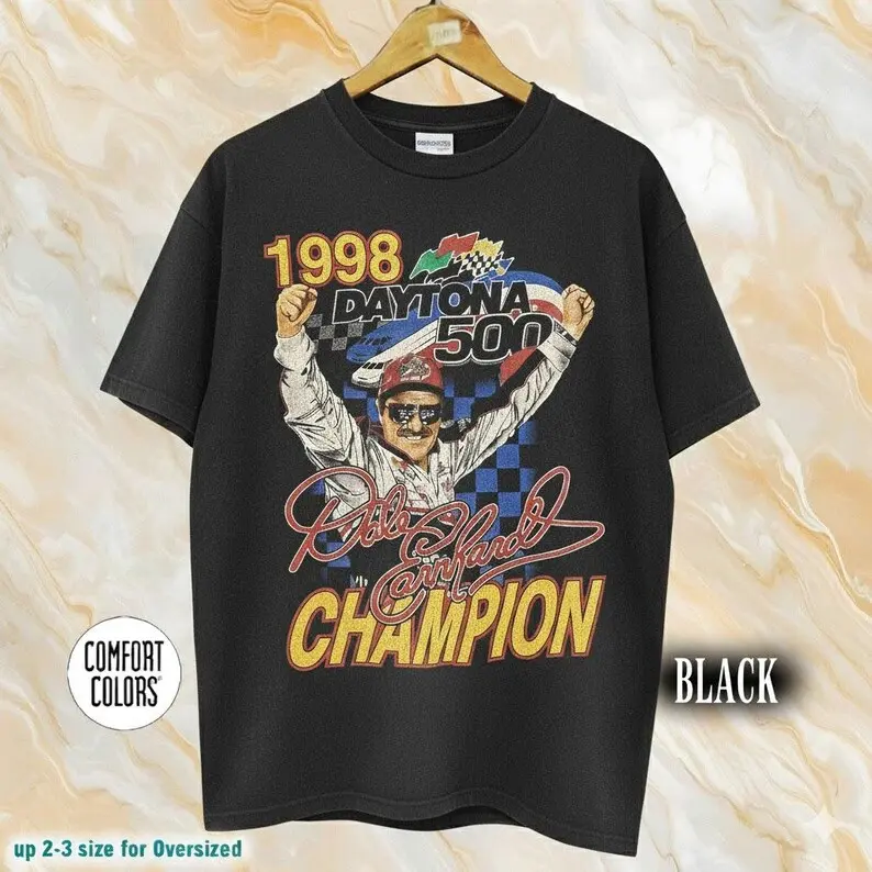 Comfort Colors 1998 Daytona 500 Dale Earnhardt Split Crew Neck Fitted T-Shirt, NASCAR Vintage 90s Digital Print Sports Top, Retro Racing Apparel