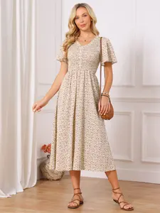 INSPIRE CHIC Women's Summer Smocked Casual Floral Maxi Dress Flutter Short Sleeve V Neck Boho A Line Flowy Sundress Long Dresses
