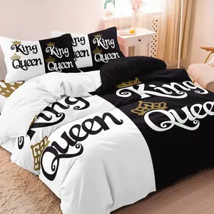 3pcs Set Romantic King Queen with Gold Crown Print Duvet Cover Set Suitable For Bedroom Hotel Inn School Dormitory Can Be Used As Holiday Gifts Printed Bedding Set (1*Duvet Cover + 2 Pillowcases, No Comforter, No Pillow)