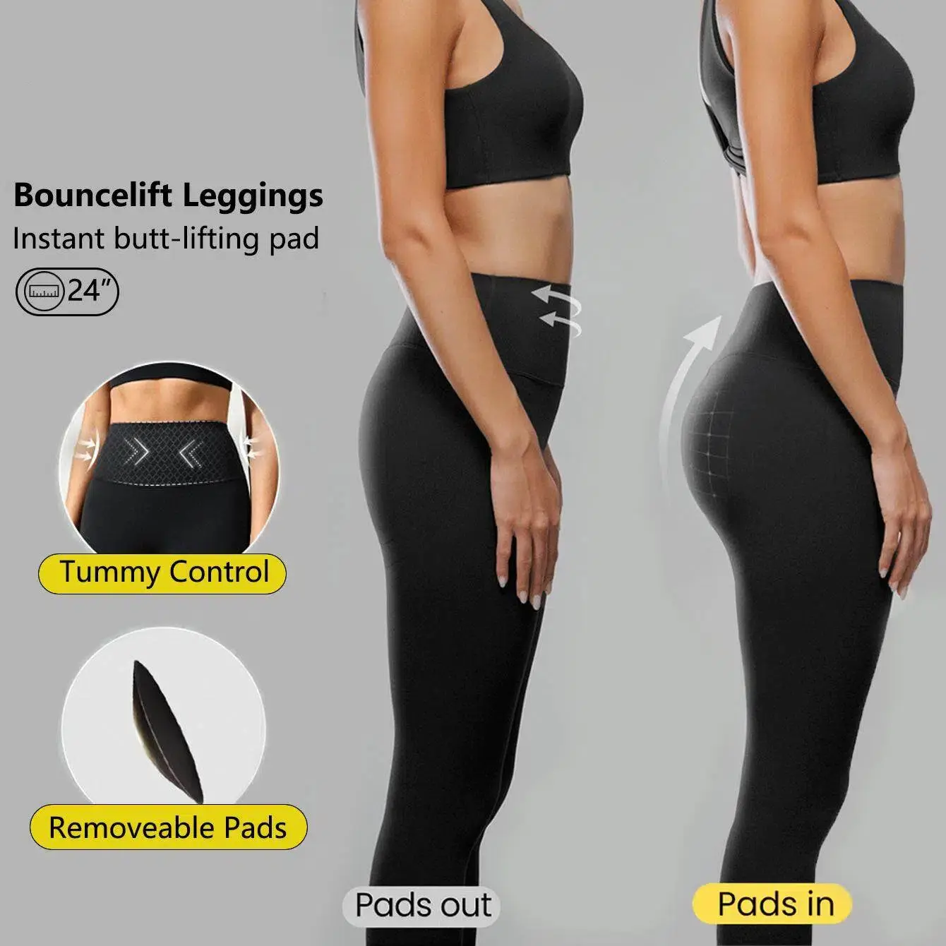 GLOWMODE 24" FeatherFit Shape It Up Booty Boosting Shaping Removable Butt Pads No Front Seam Insta Cinch Tummy Control Leggings Low-Impact Yoga Pilates Barre Studio Daily Casual Wear TikTokShopBlackFriday