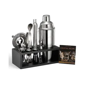 VEVOR Cocktail Shaker Set, 13-Piece Stainless Steel Bar Tools with Bamboo Stand, Martini Bartender Kit Accessories Mixer Spoon, Muddler, Jigger, Strainer, Liquor Pourers, Ice Tong, Corkscrew, Silver