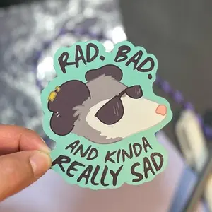 Bad, Rad, Really Sad Sticker | Crying Possum, Feral Screaming Sticker, Punk Rock Overwhelmed Opossum Sticker, Mental Health Possum