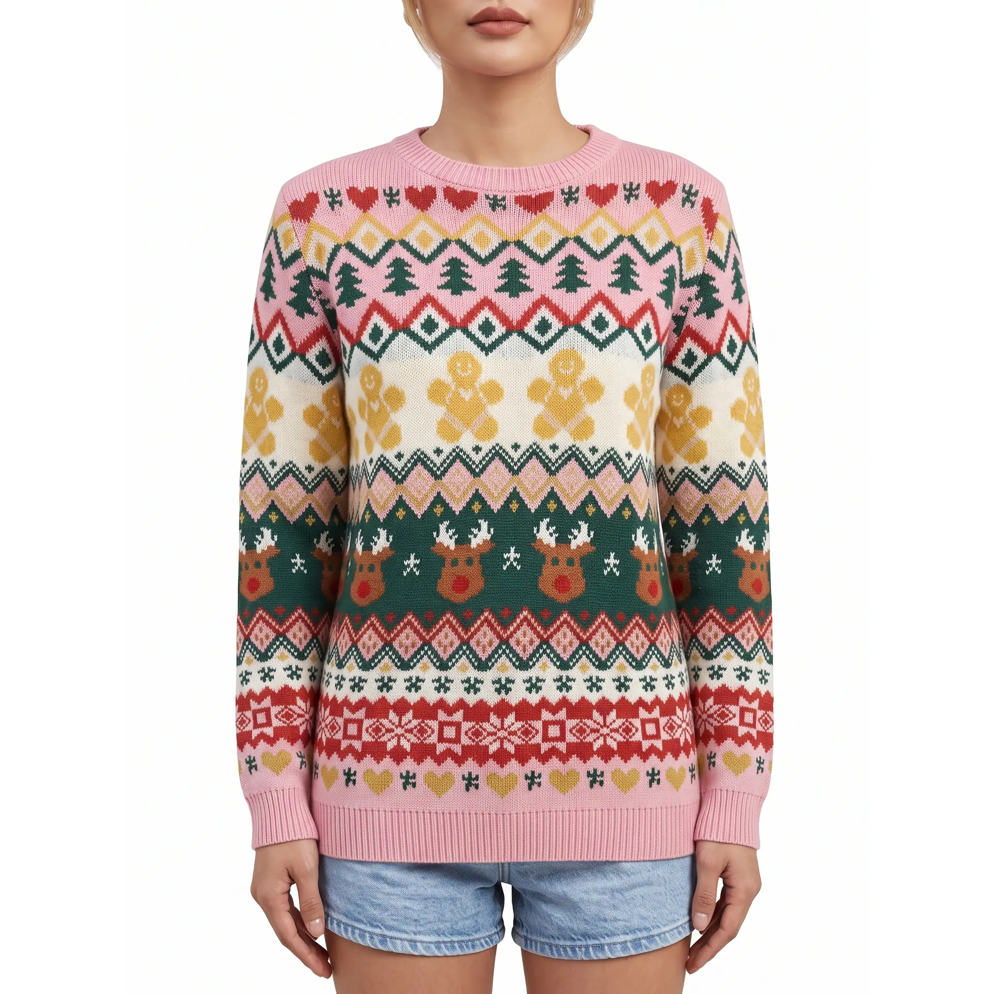 Women's Christmas Pattern Sweater, Repeating Holiday Motif Top for Festive Parties and Winter Celebrations