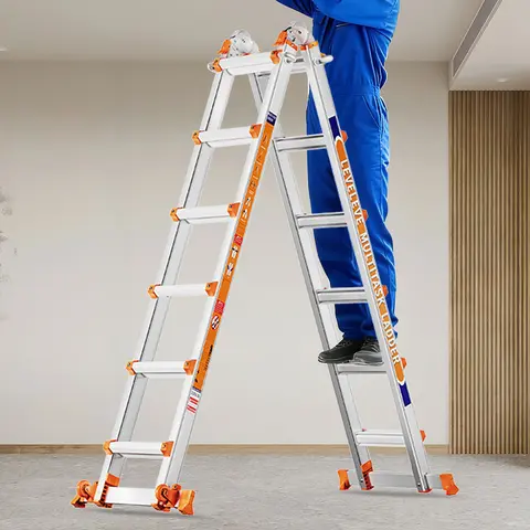 LEVELEVE Aluminum Extendable Telescopic Multi-Position Ladder - A-Frame Step Ladder with 2 Balance Rods, Wheels, Narrow Folded Width, 330LBS Load Capacity, Convertible Modes, 11ft-3step, 26.46 lbs, Industrial Build for Home & Outdoor Uneven Ground Work
