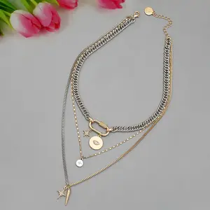 Women's Gold Stacked Necklace Set, 3-Piece Bold Declaration Necklace, Stacked Mixed Metal Pendant Necklace, Fashionable Coin Jewelry, Women's Gift