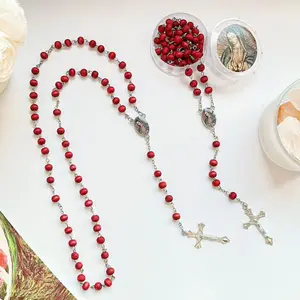 Maria Wooden Rosary Necklace Unisex with Acrylic Box Sturdy Brass Chain and Cross for Daily Devotion