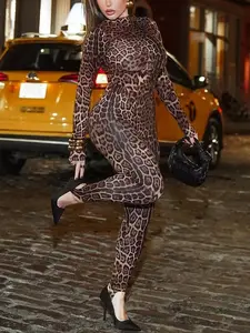 Women's Fashion Half High Neck Long Sleeve Top Leopard Print Tight-Fitting Long Pants Set, Leggings, Outfit, Fall Winter New Arrival, Stylish, Chic