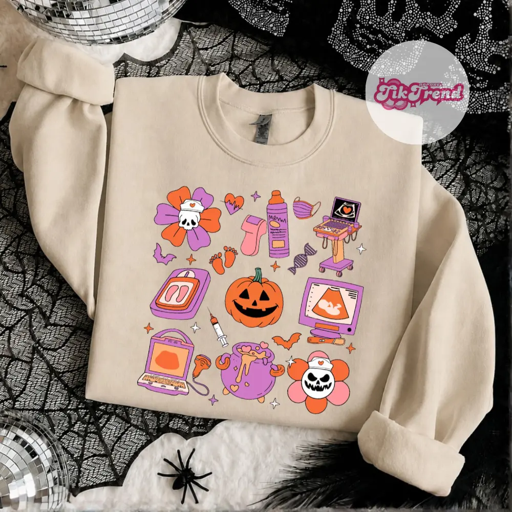Halloween Sonographer Sweatshirt, Cute Spooky Ultrasound Tech Collage Crewneck for Women, Spooky Season Sonography Fall Sweatshirt