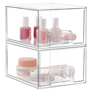 Pack of 2 Makeup Organizer Stackable Drawers Clear Acrylic Organizer Bathroom Organizers Cosmetic Container Organization and Storage Bins
