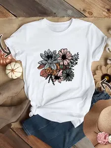 Plus Size, Vintage Flowers&premium Plus Size Women's Pure Printed T-shirt, Pure Shirt, Fashionable And Trendy Pattern, Essential for Concealing Flesh And, Pure Comfortable And Breathable Fabric