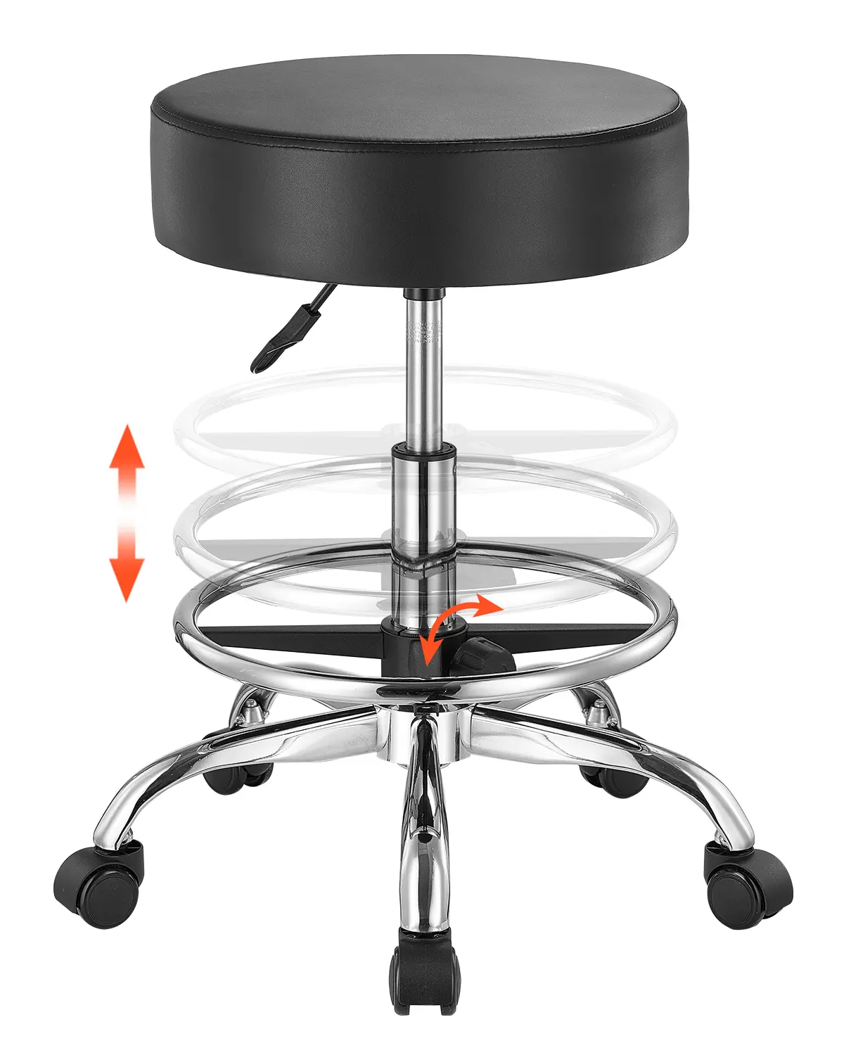【summerfinds】VEVOR Rolling Stool with Foot Rest and Wheels, 450 LBS Weight Capacity Round Rolling Stool Chair, Height Adjustable Thickened PU Leather Swivel Stool for Salon, Spa, Massage, Tattoo, Clinic, Black