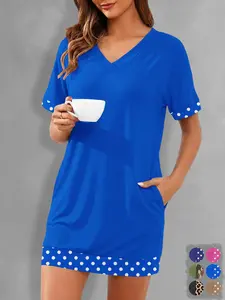 Summer Women's Polka Dot Patchwork Dress, Comfortable V-Neck Short Sleeve, Loose Fit with Pockets, Casual Home Wear, Daily, Shortsleeve, Womenswear, Vneck