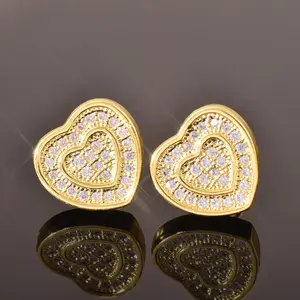 Hip Hop Double Layer Heart Zirconia Stud Earrings Full Pave Trendy Jewelry