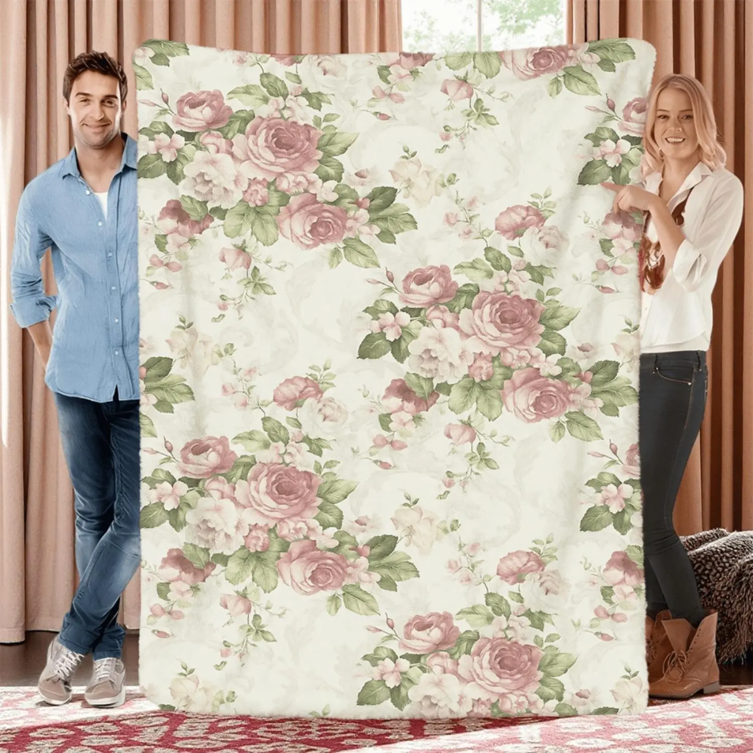 1pc Elegant Pink Rose Bouquet Floral Blanket - Ultra-Soft Warm Flannel Bedspread, Contemporary Ultrasound Pressed Flower Design Suitable for Home, Travel, Camping & Office - Machine Washable Cozy Throw
