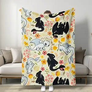 Toothless & Light Fury Floral Themed Throw Blanket, Cute Cartoon Fantasy Style, Features Chibi Dragons & Wildflower Pattern, Soft Plush#HowToTrainYourDragon #Toothless #LightFury