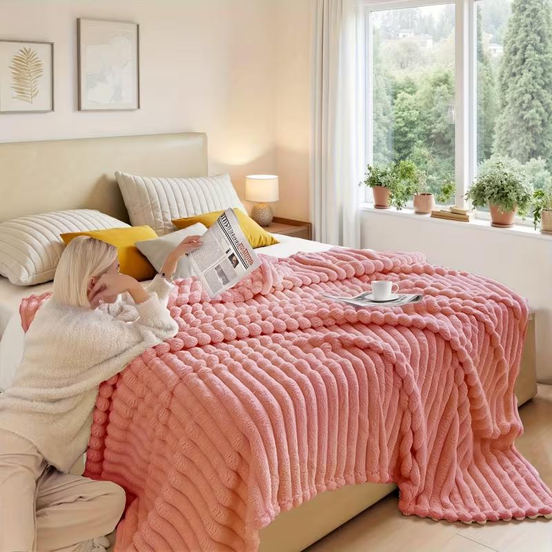 UFIST Warm And Cozy Flannel Blanket, Imitation Rabbit Fur Blanket, Soft And Warm Sofa Blanket, Office Bed Camping Travel Nap Blanket, Four Seasons Multipurpose Striped Pattern Gift Blanket