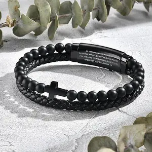 Bible Verse Cross Bracelet, Black Onyx Beaded Double Layer Leather Bracelet, 316L Stainless Steel Christian Faith Religious Jewelry Gift For Men summervibes