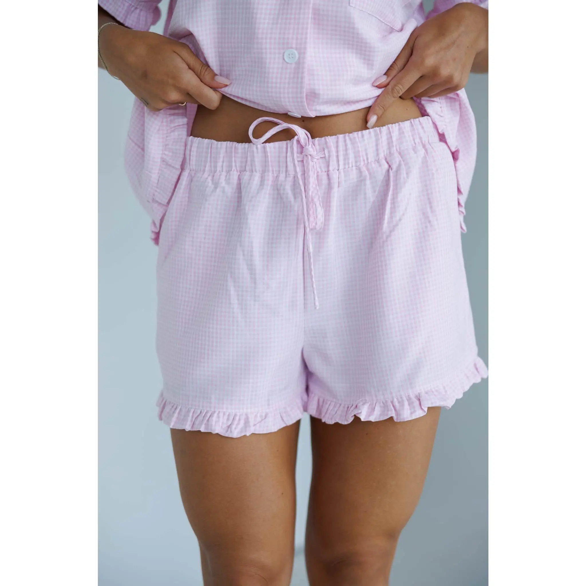 Vintage Pink Gingham Pajama Shorts for Women, Soft Breathable Rayon Fabric Nightwear for Sleep and Lounging, Loungewear, Print, Sleep Shorts, Gingham Check, Night Wear