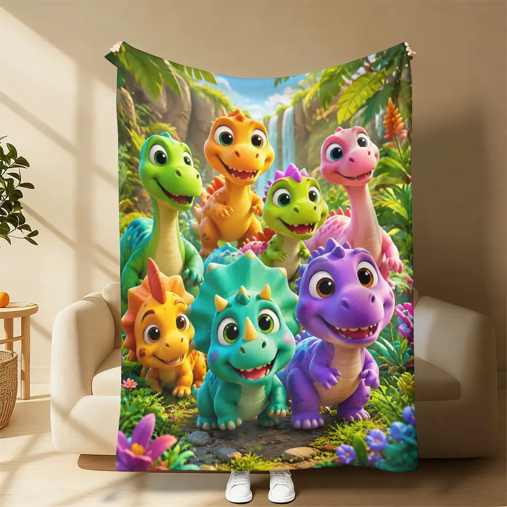 Cute Multicolor CartooDino Group Jungle Waterfall Print Fleece Throw Blanket, Smiling Little Dinosaur Soft Plush Blanket For Kids Bed Sofa Nap, Child Bedroom Decor Blanket, Lovely Birthday Holiday Gift For Toddler Boys Girls Dinosaur Fans