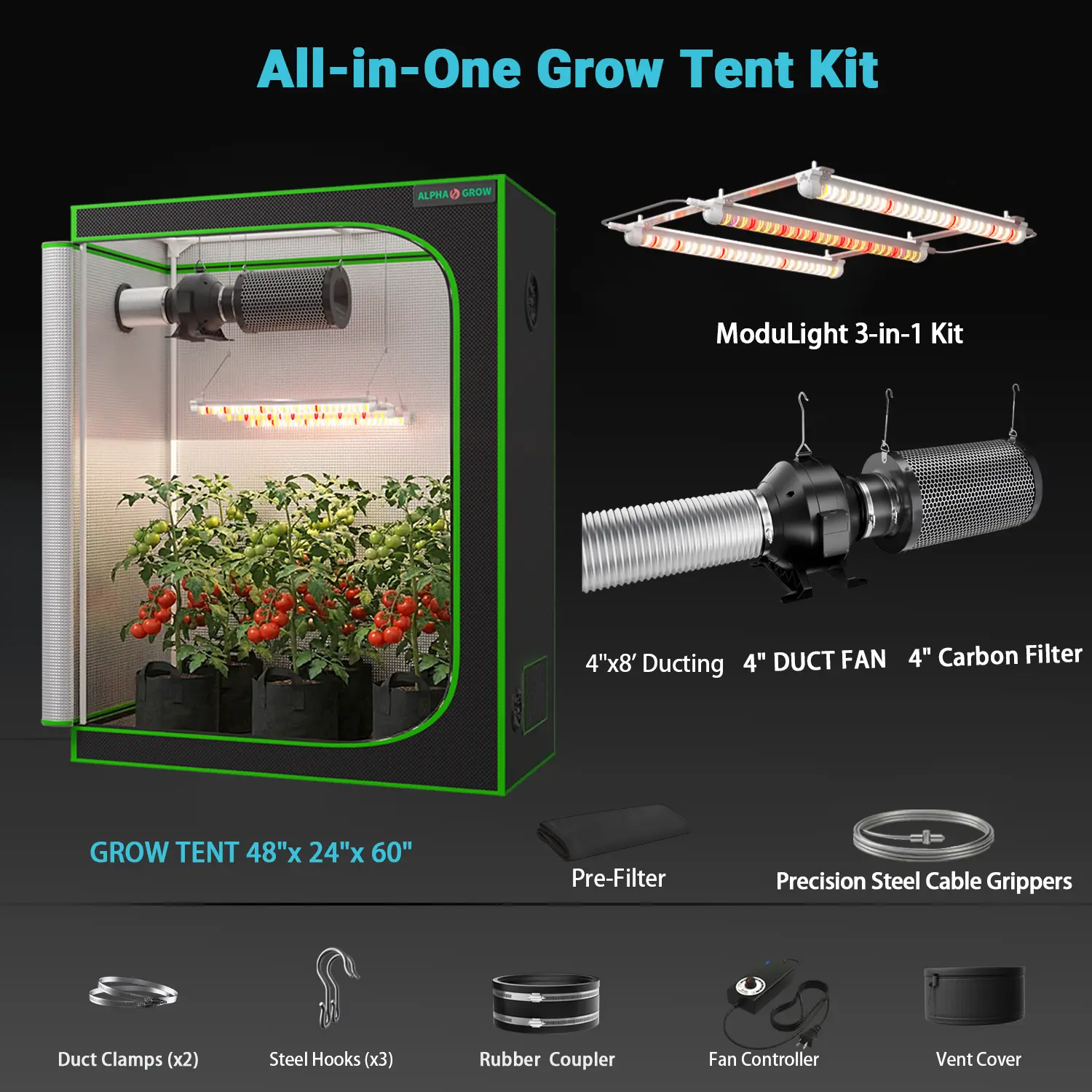 2x4 1800D Tent+4'' Complet Kit