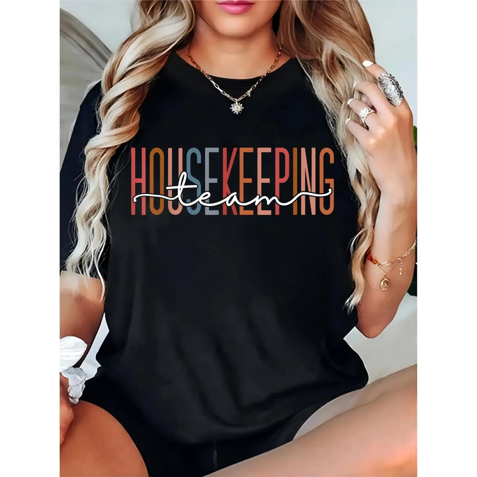 Women's Housekeeping Team T - Shirt, Colorful Bold "HOUSEKEEPING" + Cursive "team" Print, Casual Work Uniform for Female Housekeeping Staff, Daily Wear, Team Events & Hospitality Settings
