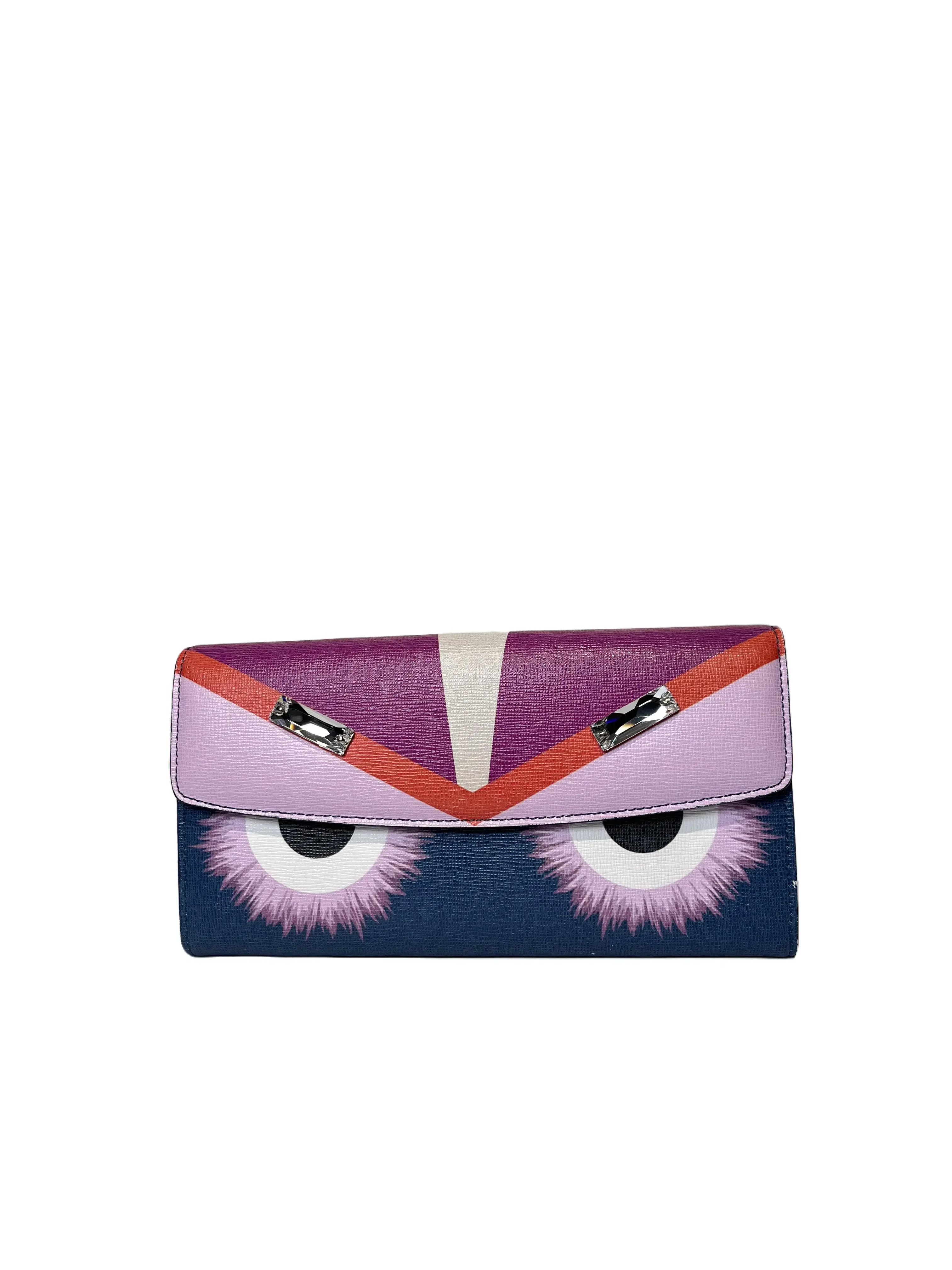 Pre-owned FENDI Bag Bugs Saffiano Leather Continental Flap Wallet