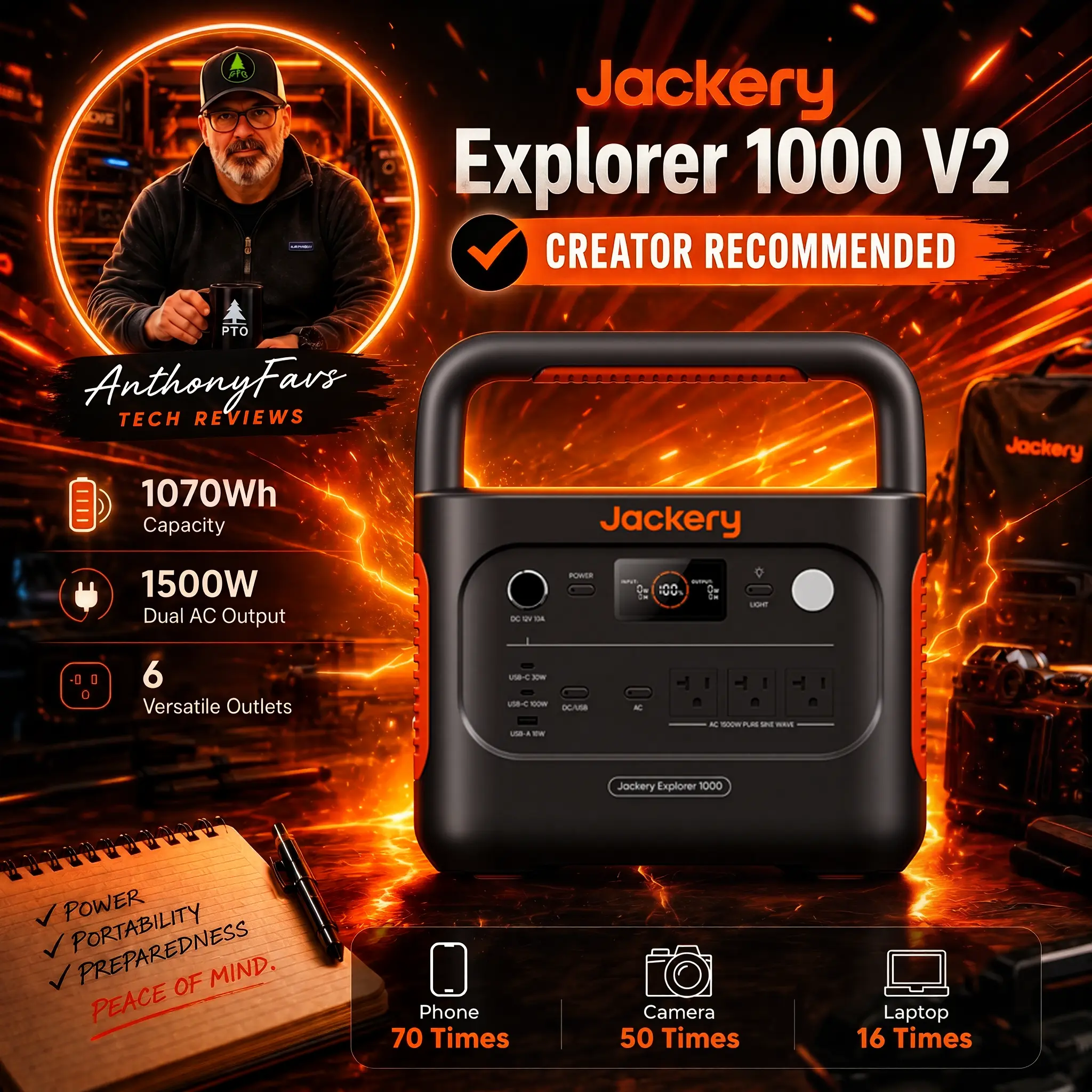 [anthonyfavs3-Exclusive link] The Jackery Explorer 1000 v2 portable power station features a 1070Wh lithium iron phosphate battery, 1500W output power, and 1-hour fast charging (a 5-meter extension cable is included free of charge).