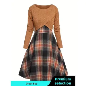 Women's Solid Wrap Hem Round Neck Textured Long Sleeve Crop Top & Plaid Print A-line Dress Suits Set, Preppy Fashion Comfort Skirt Set for Women's Clothing for Fall, Womenswear, Teacher Outfits 2024 Hoco Dresses