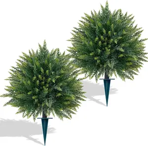 Yangrass 2PCS Artificial Cedar Topiary Ball Trees 23" for Outdoors with Ground Spike, UV Resistant Artificial Cypress Trees, Evergreen Shrubs Bushes Faux Plants for Front Porch Garden Backyard
