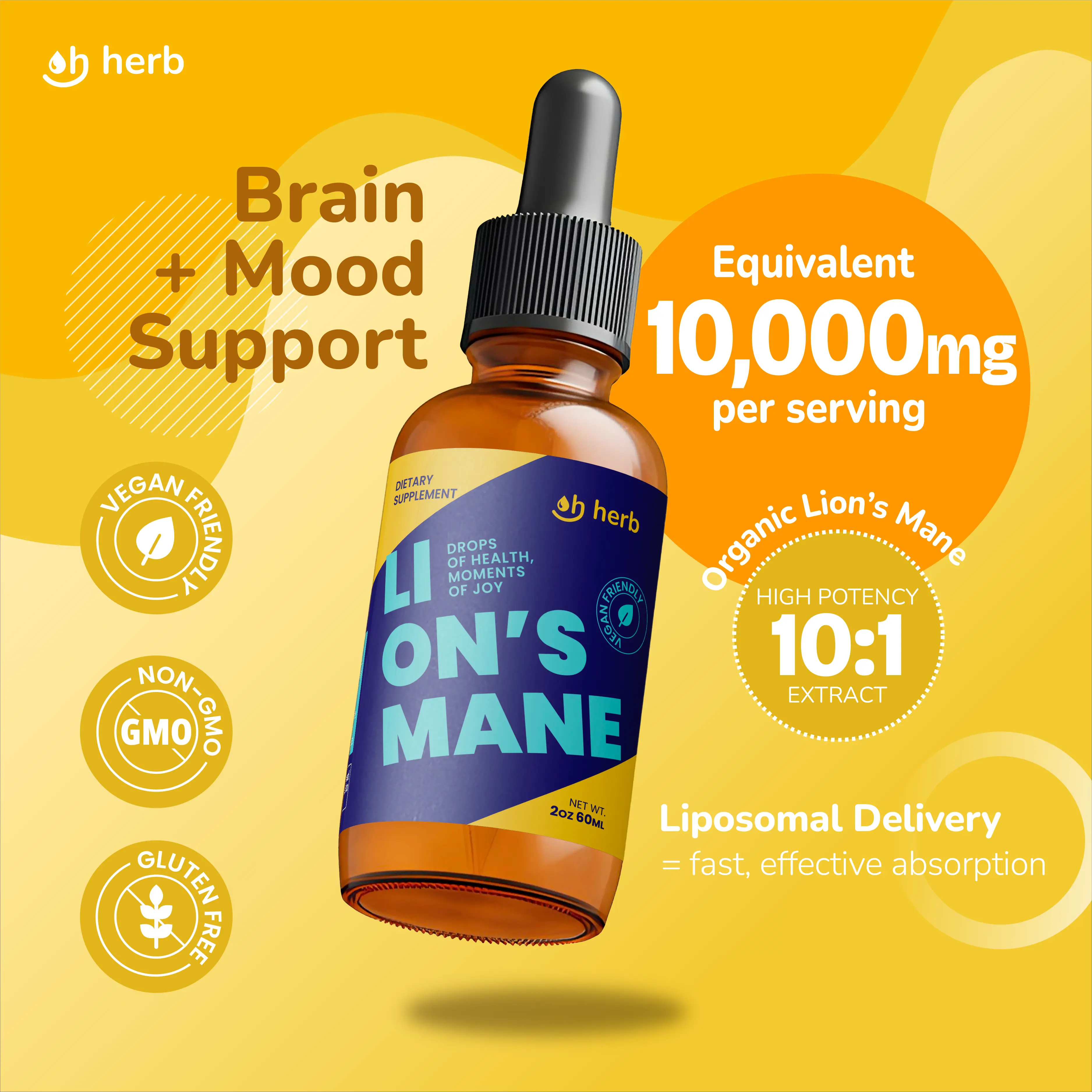 Oh Herb Organic Natural Herbal Lion's Mane Edible Liquid Drops - 10:1 Extract, 30 Servings, Liposomal Delivery, Vegan Adult Dietary Supplement, Gluten-Free, Non-GMO, Brain Boost & Cognitive Support