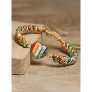 Boho Style Heart Charm Decor Beaded Bracelet, Vintage Trendy Braid Design Bracelet, Handmade Jewelry, Exquisite Bracelet, Fashionable Jewelry for Women & Men