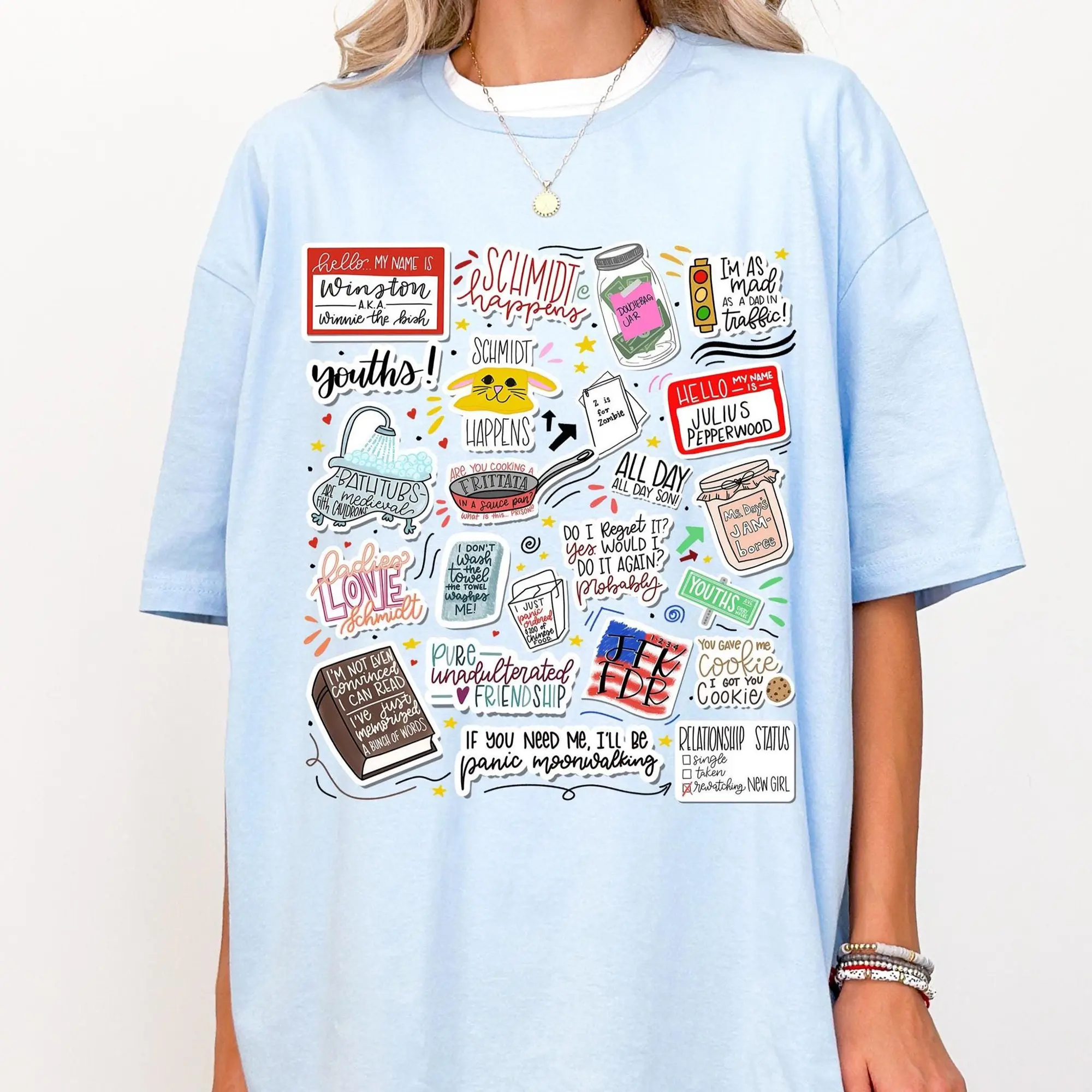 Women's Unisex Casual Comfortable Streetwear T-Shirt - Cute Doodle Design, Funny New Girl TV Show Inspired, Jessica Day Themed, Aesthetic Mood Tee, Gift for Fans