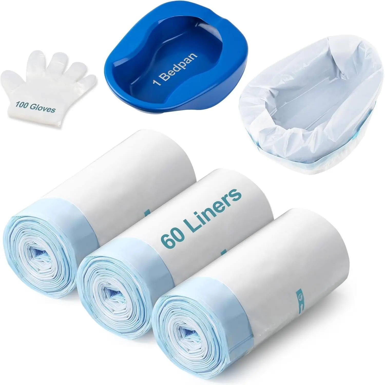 Adult Oversize Oval Bed Pan Set, Heavy-Duty Thick PP Plastic Bedpan with 60 Thick Liners and 100 Gloves (Home Supply)