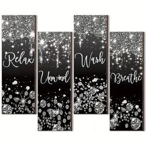 Set of 4 Wooden Sparkling Diamond Wall Decor Art, Home Decor Products – Shiny Black & Silver Dripping Sign for Living Room, Bathroom – Inspirational Relaxation Wishes & Breathing Wall Art – Perfect 2D Flat-Print Gift for Girls & Her