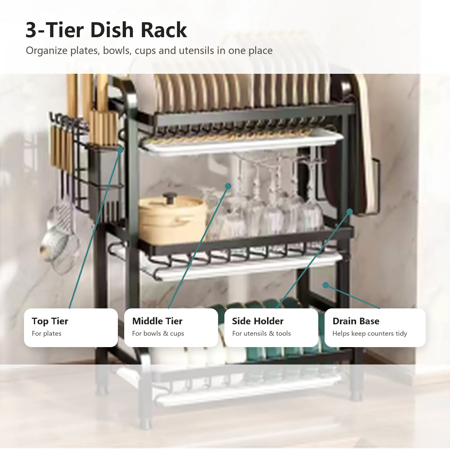 Three-Tier Dish Rack with Utensil Holder, Kitchen Plate Organizer and Countertop Drainer