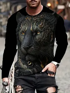 Men's 3D lion print crew neck long-sleeved T-shirt, casual and fashionable outdoor street sports top for spring and autumn, suitable for everyday wear Streetwear