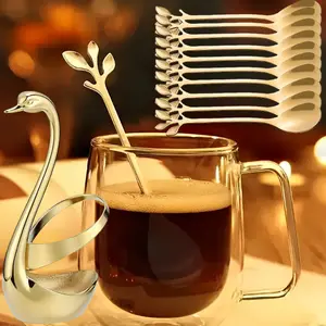 Vintage Swan Base Metal Teaspoons, Coffee Spoons, Fruit Dessert Scoop Cutlery Set With Stand - For Home, Hotel, Parties, Birthdays & Holidays - Multifunction - Perfect Gift for Housewarming & Special Occasions