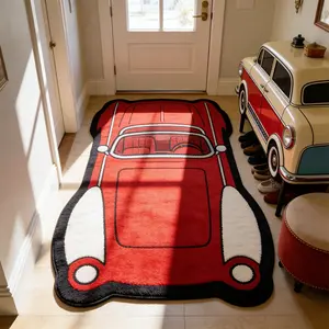 Vintage Beetle Style Car Design Carpet Mat, Washable Easy Clean Plush Rug, Retro American Farmhouse Decor for Living Room Bedroom, Soft Rug