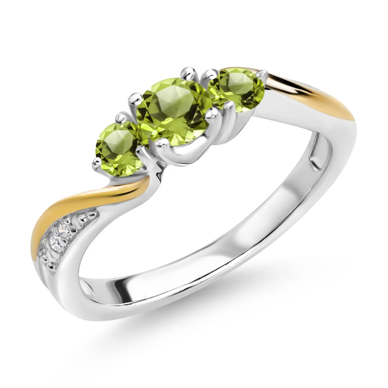 Gem Stone King 925 Sterling Silver and 10K Yellow Gold Green Peridot and White Lab Grown Diamond 3 Stone Engagement Ring For Women (0.57 Cttw, Gemstone August Birthstone)