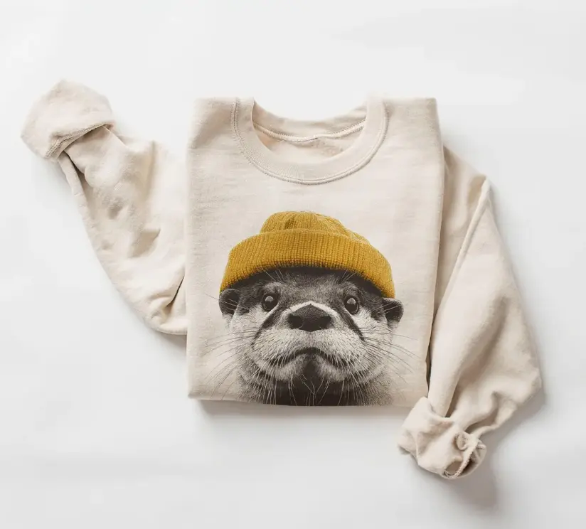 Retro River Otter Sweatshirt – Cute Beanie Graphic Unisex Crewneck